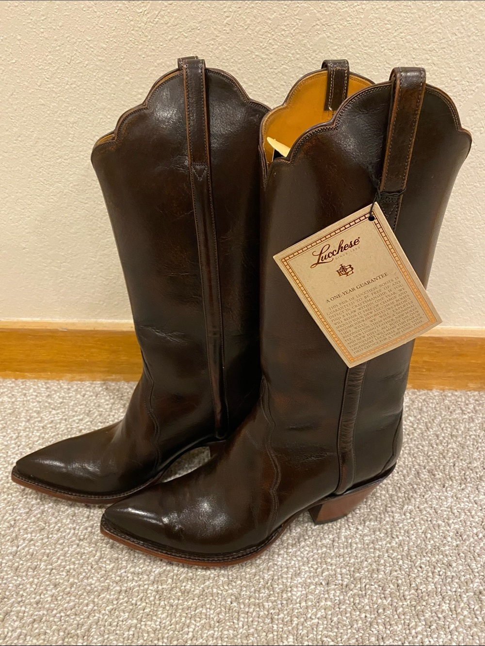 Lucchese Black Leather Western Heeled Boots with Brown Soles - Picture 2 of 7
